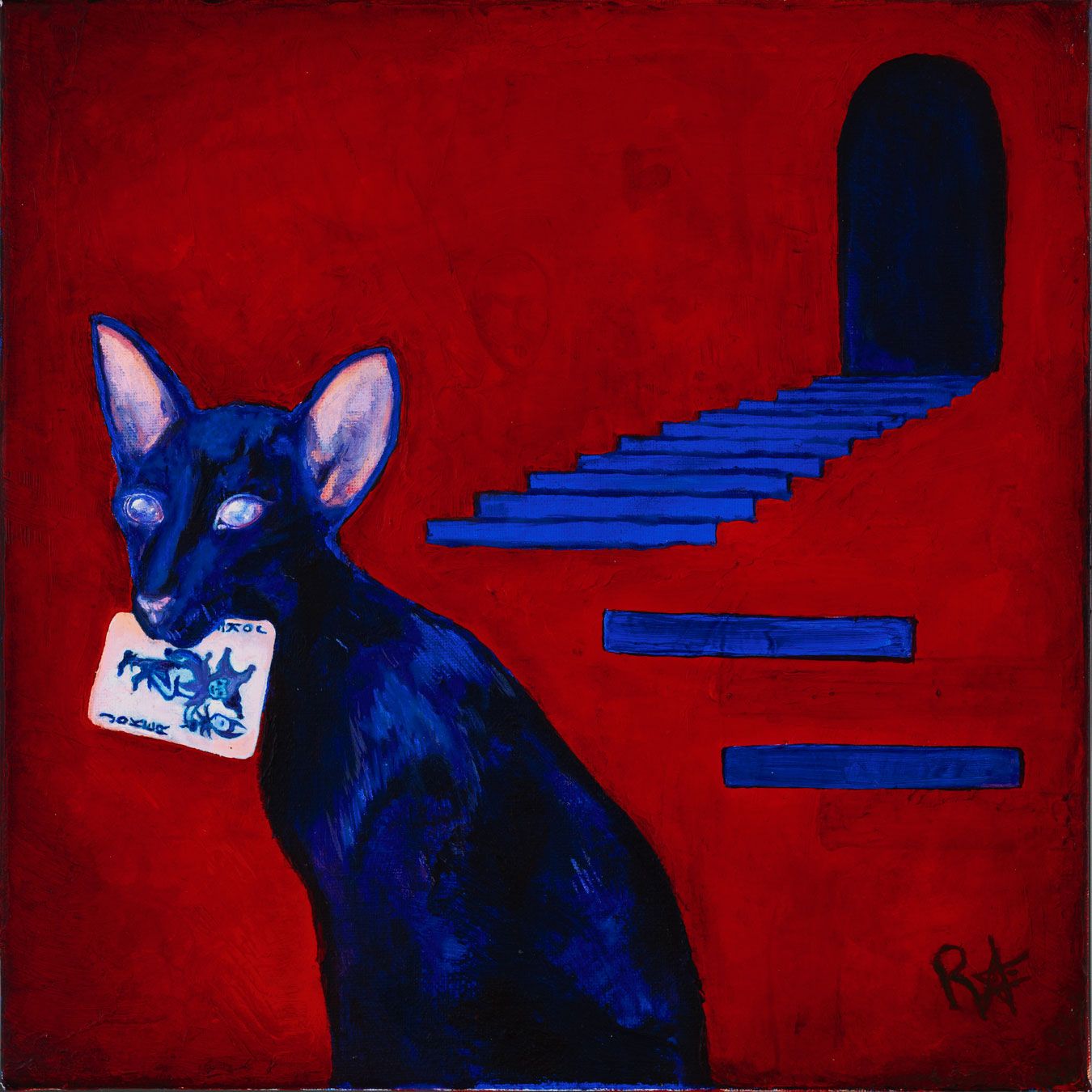 Losing Bet — Dark Cat with Card and Staircase